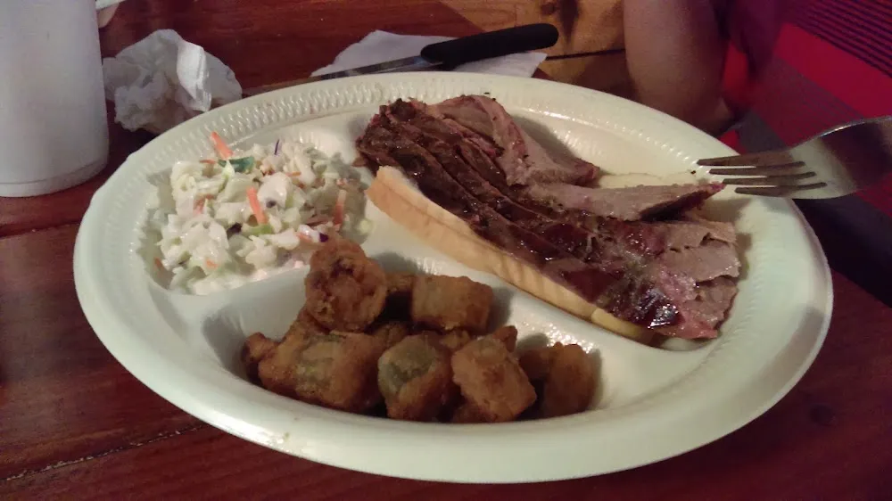 Sliced Brisket with Fried Okra and Cole Slaw
